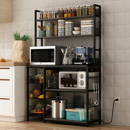 Kitchen Racks: Gray Kitchen Baker's Rack with 3 Wire Baskets, Power Outlets & Microwave Shelf
