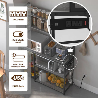 Kitchen Racks: Gray Kitchen Baker's Rack with 3 Wire Baskets, Power Outlets & Microwave Shelf