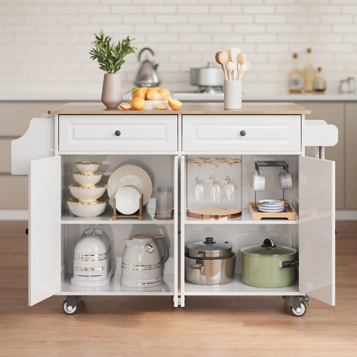 Kitchen Island Table: 43.2" Wide Rolling Cart with Drop Leaf, Large Drawer &amp; Towel Rack