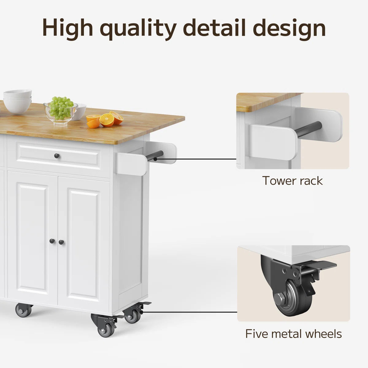 Kitchen Island Table: 43.2" Wide Rolling Cart with Drop Leaf, Large Drawer &amp; Towel Rack