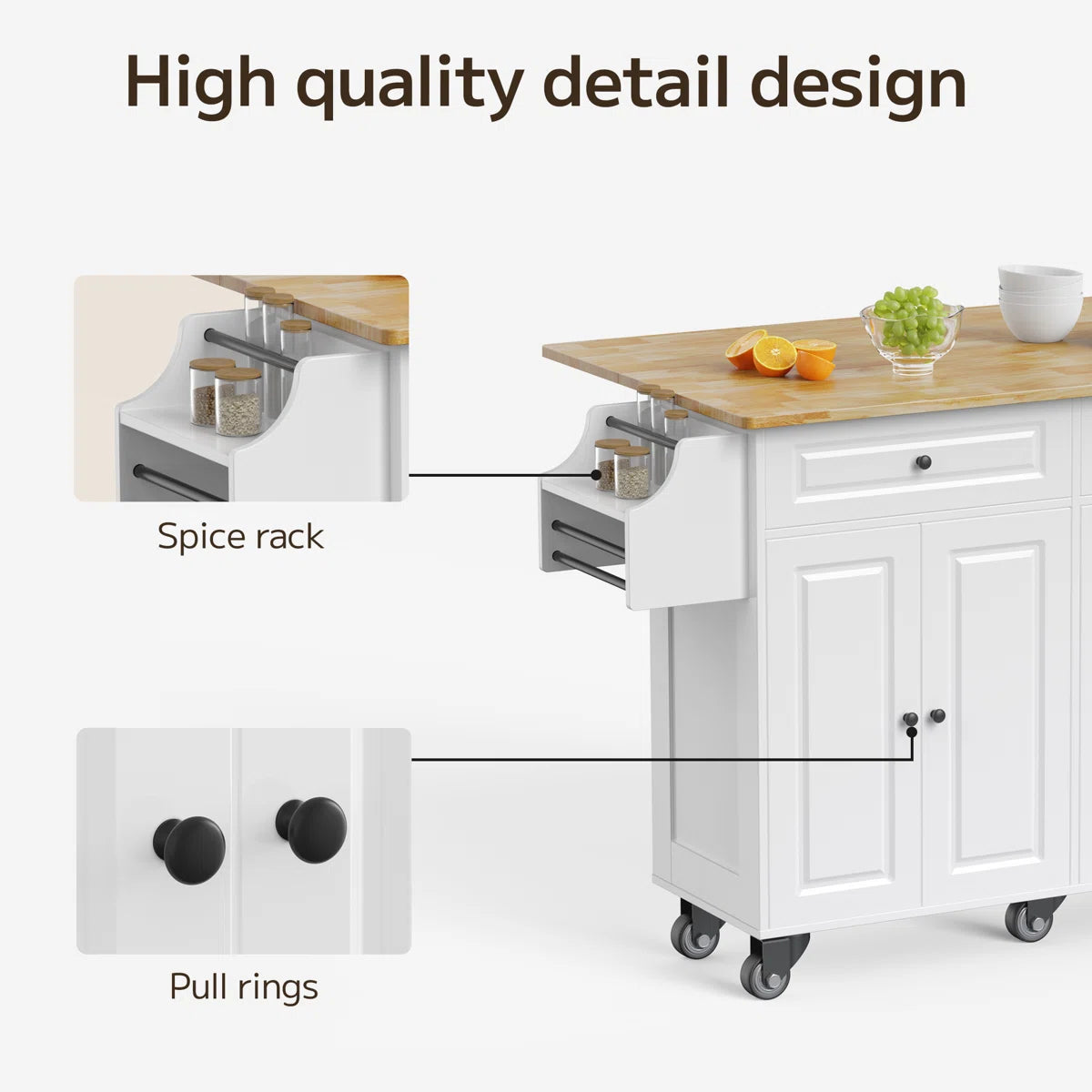 Kitchen Island Table: 43.2" Wide Rolling Cart with Drop Leaf, Large Drawer &amp; Towel Rack