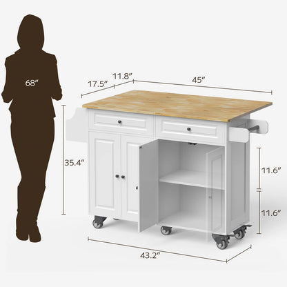 Kitchen Island Table: 43.2" Wide Rolling Cart with Drop Leaf, Large Drawer &amp; Towel Rack
