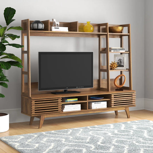 tv panel: Modern tv panel with open shelves and clean design
