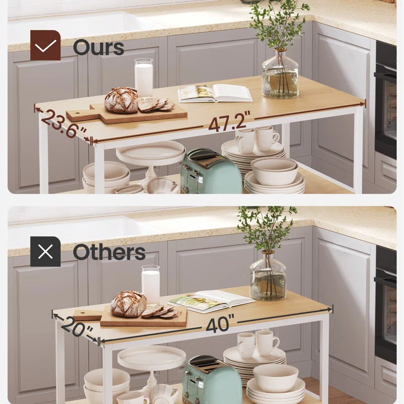 Kitchen Island Table: Oak & White 3-Tier Storage Counter with Adjustable Feet