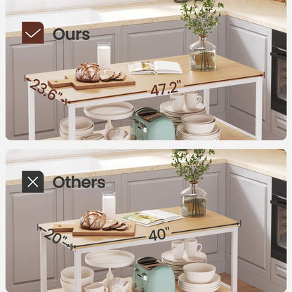 Kitchen Island Table: Oak & White 3-Tier Storage Counter with Adjustable Feet