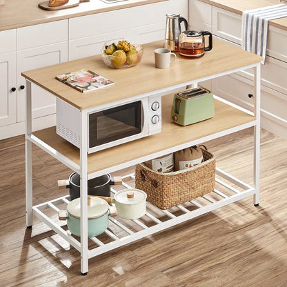 Kitchen Island Table: Oak & White 3-Tier Storage Counter with Adjustable Feet
