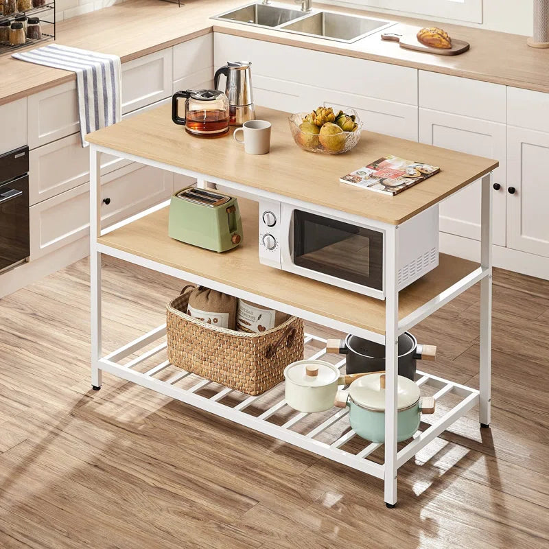 Kitchen Island Table: Oak & White 3-Tier Storage Counter with Adjustable Feet