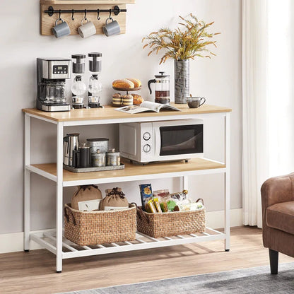 Kitchen Island Table: Oak & White 3-Tier Storage Counter with Adjustable Feet