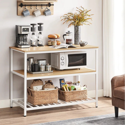 Kitchen Island Table: Oak & White 3-Tier Storage Counter with Adjustable Feet