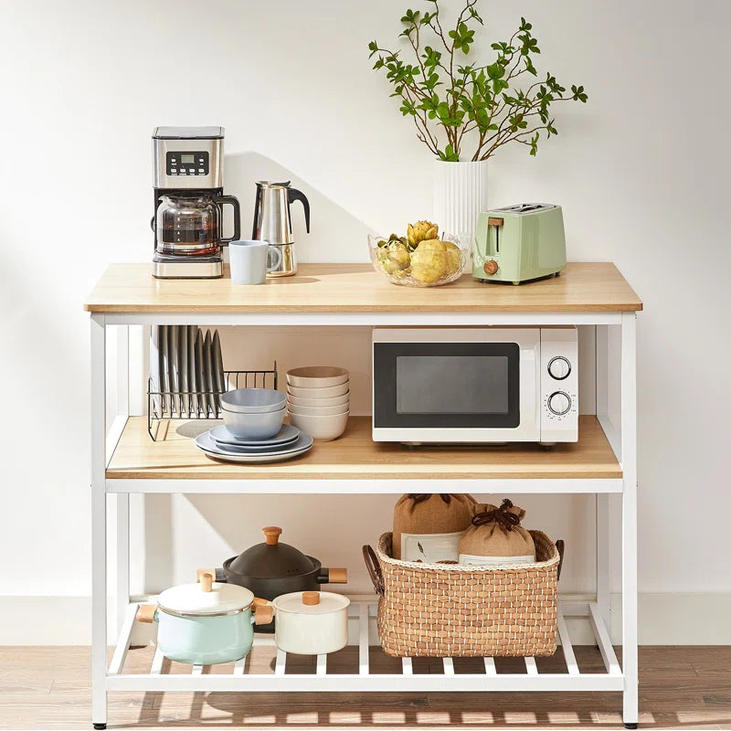 Kitchen Island Table: Oak & White 3-Tier Storage Counter with Adjustable Feet