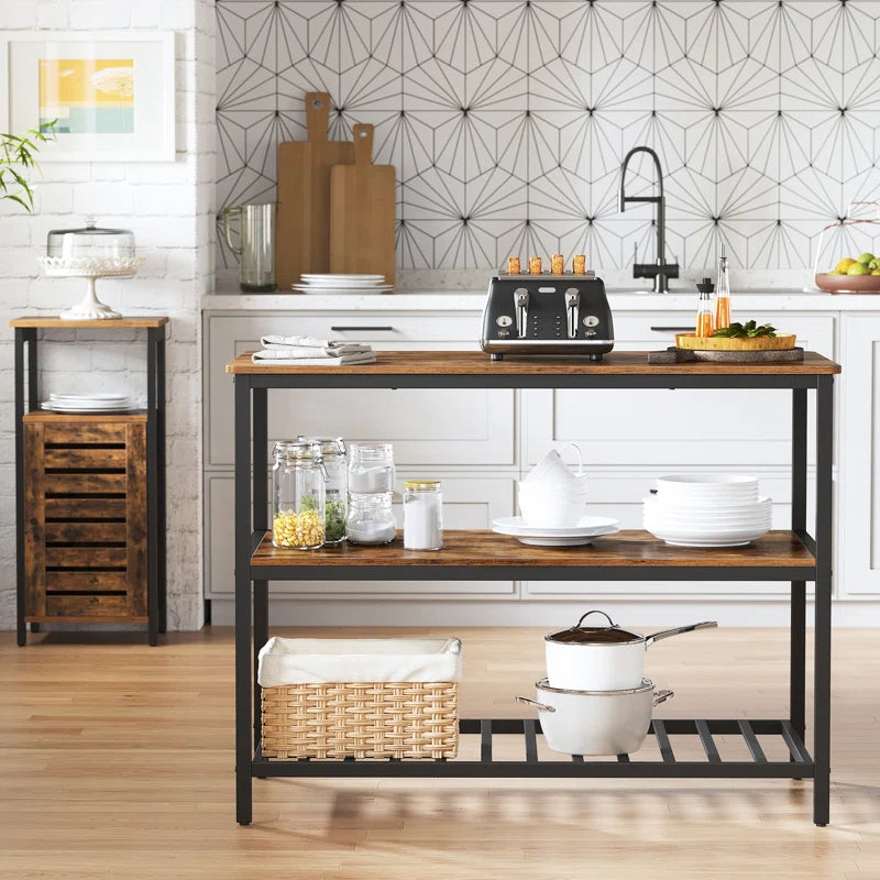 Kitchen Island Table – Industrial Rolling Cart with 2-Tier Open Shelves & Matte Iron Frame