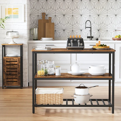 Kitchen Island Table – Industrial Rolling Cart with 2-Tier Open Shelves & Matte Iron Frame