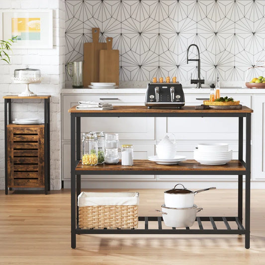 Kitchen Island Table – Industrial Rolling Cart with 2-Tier Open Shelves & Matte Iron Frame