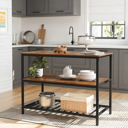 Kitchen Island Table – Industrial Rolling Cart with 2-Tier Open Shelves & Matte Iron Frame
