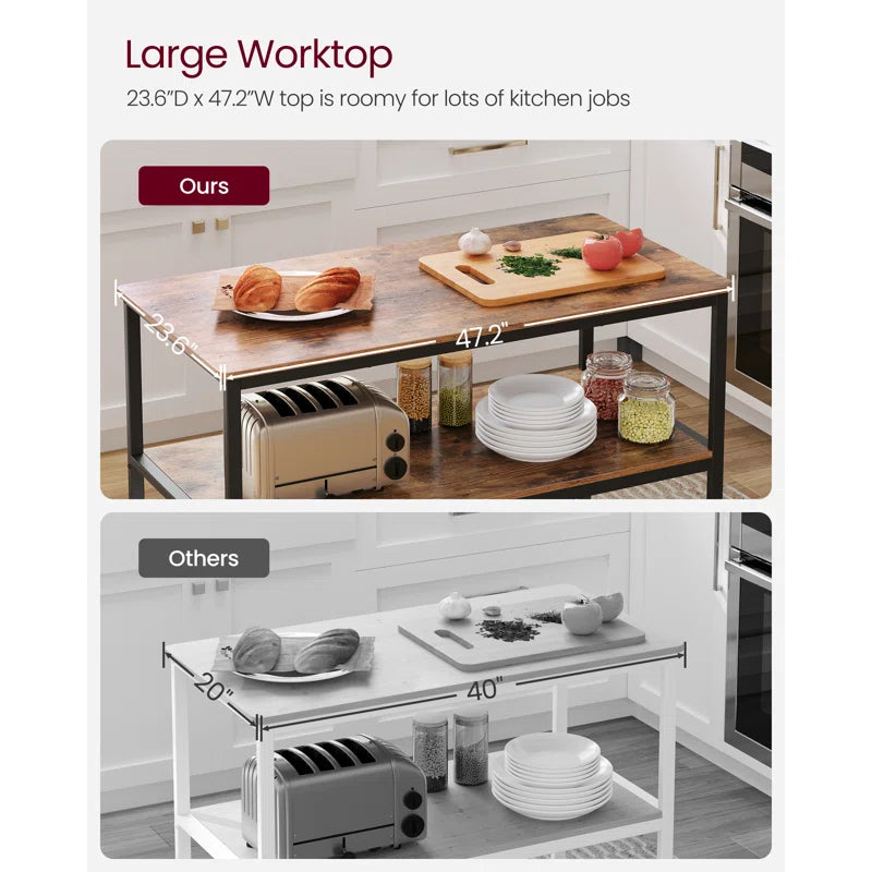 Kitchen Island Table – Industrial Rolling Cart with 2-Tier Open Shelves & Matte Iron Frame