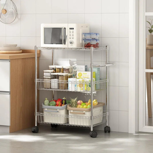 Kitchen Rack: Rolling Snack Storage Cart, 3-Tier Rolling Cart, Metal Kitchen Cart with Baskets on Wheels