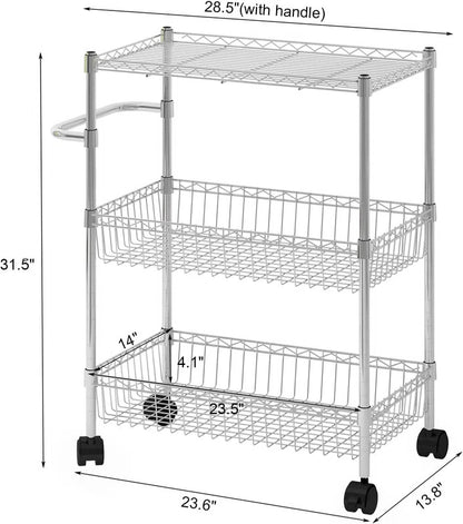 Kitchen Rack: Rolling Snack Storage Cart, 3-Tier Rolling Cart, Metal Kitchen Cart with Baskets on Wheels