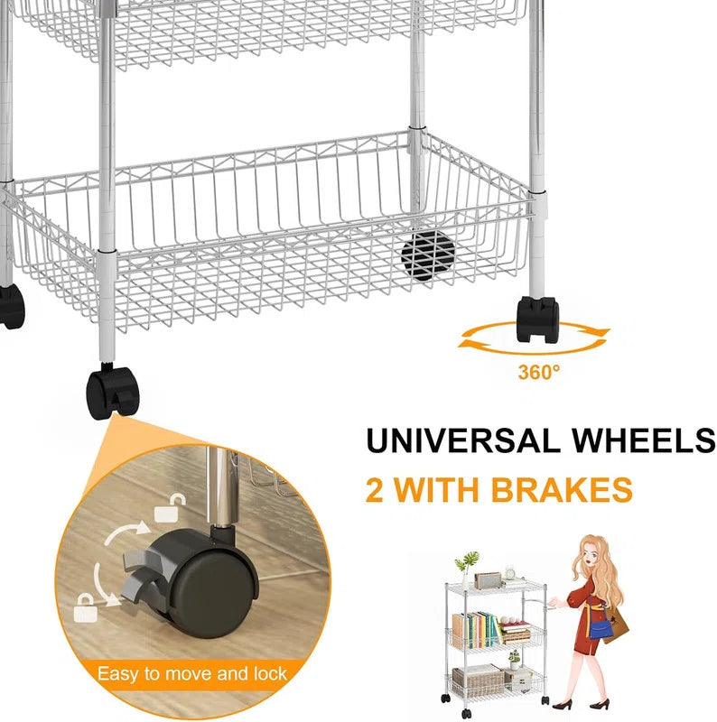 Kitchen Rack: Rolling Snack Storage Cart, 3-Tier Rolling Cart, Metal Kitchen Cart with Baskets on Wheels