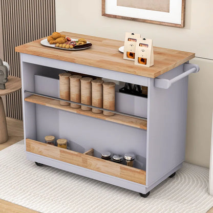 Kitchen Island Table: Mobile Cart with Drawers, Open Shelves & Butcher Block Top