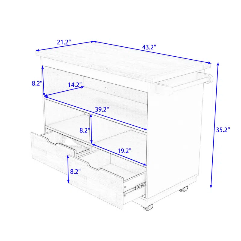 Kitchen Island Table: Mobile Cart with Drawers, Open Shelves & Butcher Block Top