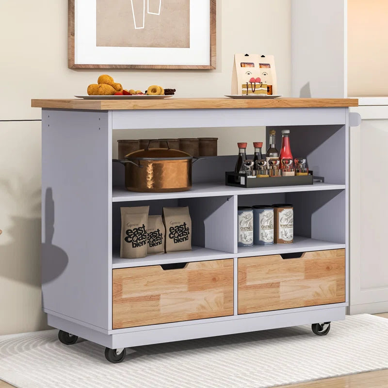 Kitchen Island Table: Mobile Cart with Drawers, Open Shelves & Butcher Block Top