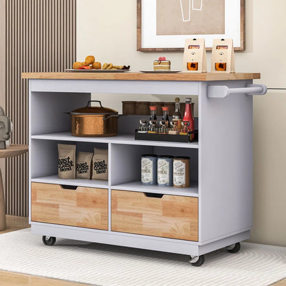 Kitchen Island Table: Mobile Cart with Drawers, Open Shelves & Butcher Block Top
