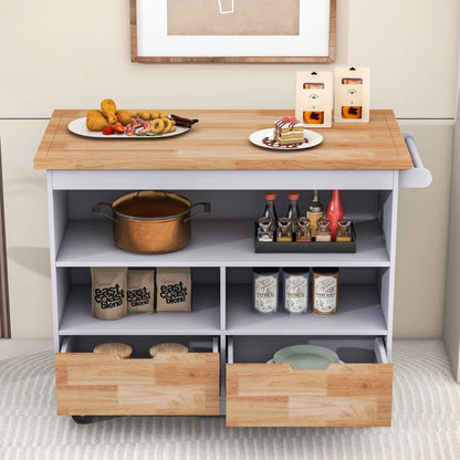 Kitchen Island Table: Mobile Cart with Drawers, Open Shelves & Butcher Block Top