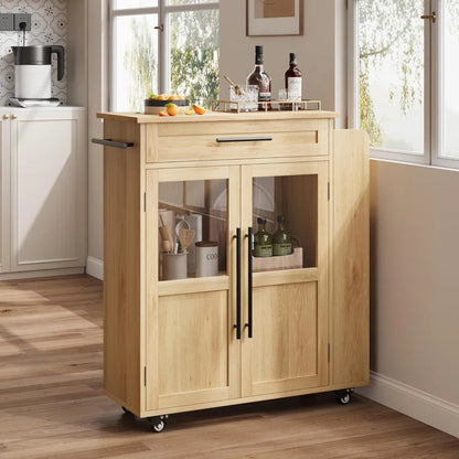 Kitchen Island Table: 29.1" W Modern Rolling Cabinet with Glass Door, Drawer & Open Side Shelves