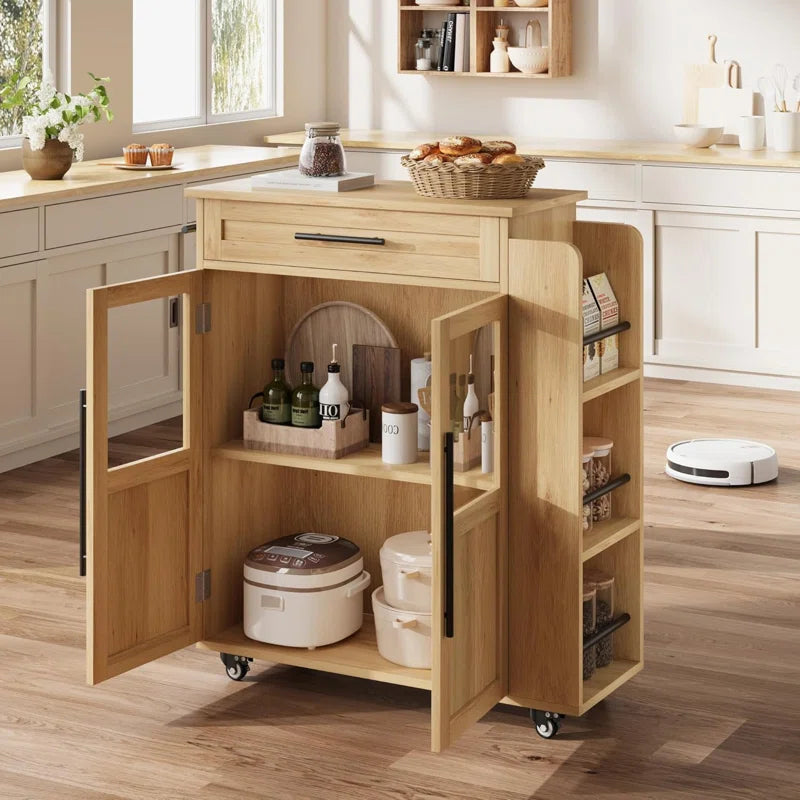 Kitchen Island Table: 29.1" W Modern Rolling Cabinet with Glass Door, Drawer & Open Side Shelves