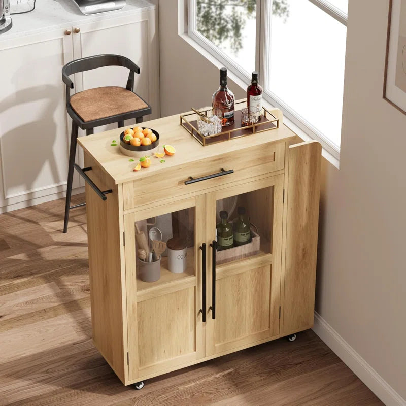 Kitchen Island Table: 29.1" W Modern Rolling Cabinet with Glass Door, Drawer & Open Side Shelves