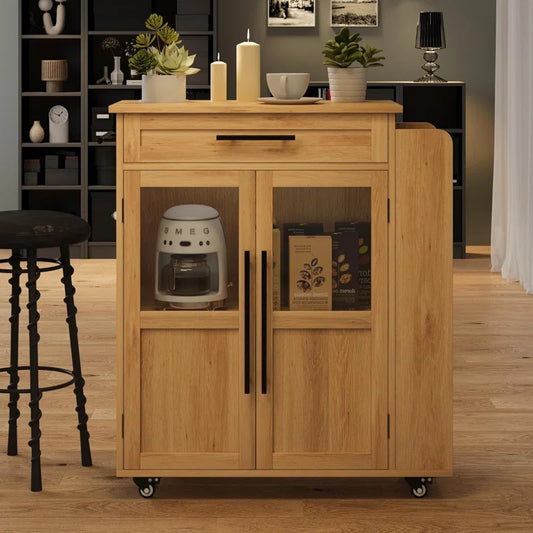 Kitchen Island Table: 29.1" W Modern Rolling Cabinet with Glass Door, Drawer & Open Side Shelves
