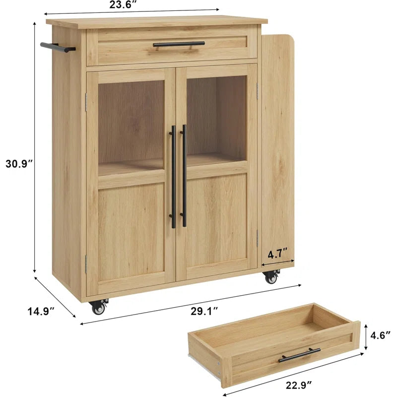 Kitchen Island Table: 29.1" W Modern Rolling Cabinet with Glass Door, Drawer & Open Side Shelves