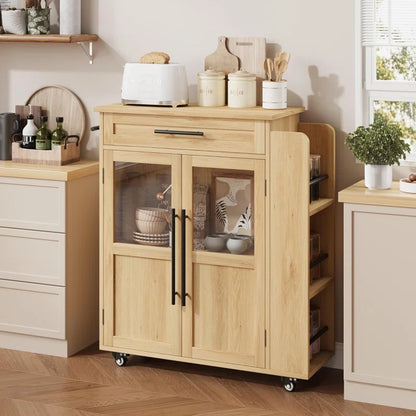 Kitchen Island Table: 29.1" W Modern Rolling Cabinet with Glass Door, Drawer & Open Side Shelves