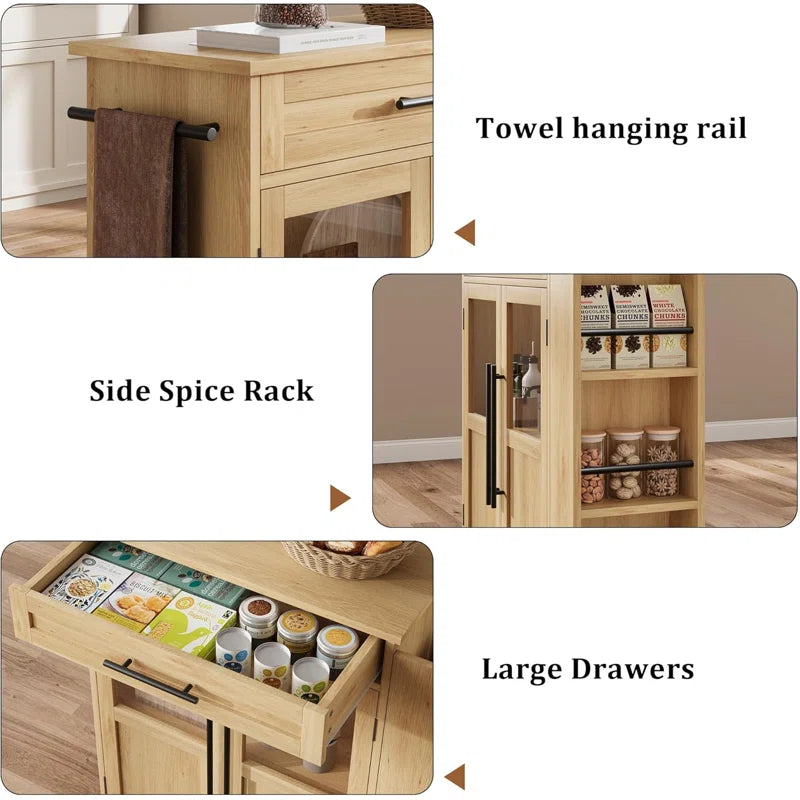 Kitchen Island Table: 29.1" W Modern Rolling Cabinet with Glass Door, Drawer & Open Side Shelves