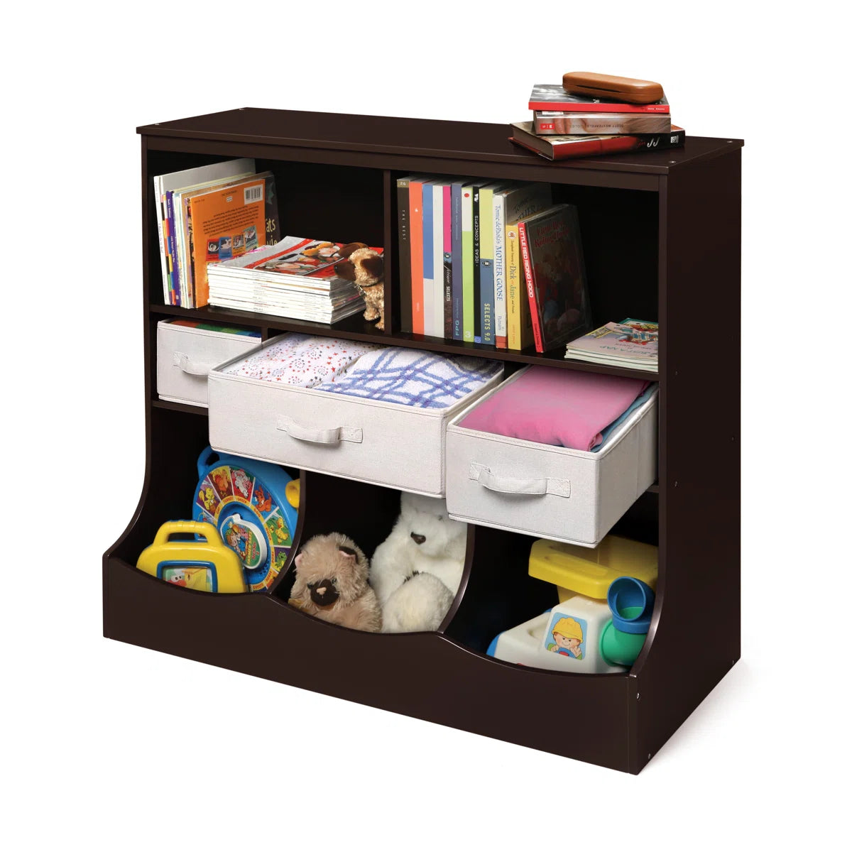 Kids Toy Storage Unit: Compact Wooden Organiser with Fabric Bins