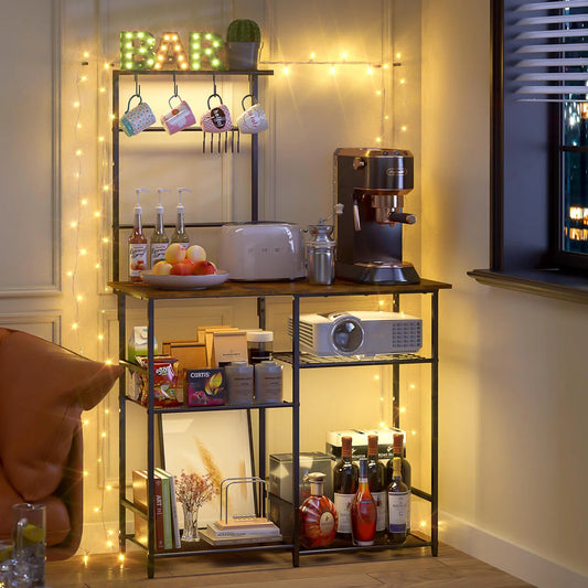 Kitchen Rack: Rustic Brown 6-Tier Coffee Bar Station, Kitchen Stand With 10 S Hooks, Microwave Stand With Adjustable Shelves, and Baker's Rack With Storage