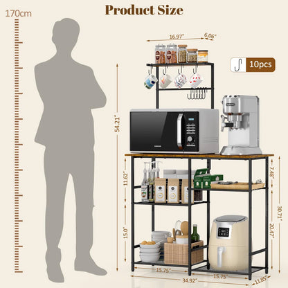 Kitchen Rack: Rustic Brown 6-Tier Coffee Bar Station, Kitchen Stand With 10 S Hooks, Microwave Stand With Adjustable Shelves, and Baker's Rack With Storage