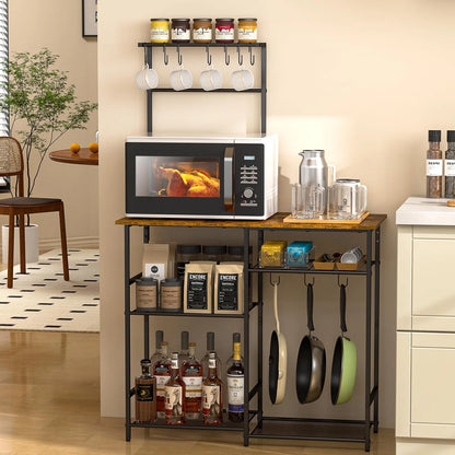 Kitchen Rack: Rustic Brown 6-Tier Coffee Bar Station, Kitchen Stand With 10 S Hooks, Microwave Stand With Adjustable Shelves, and Baker's Rack With Storage