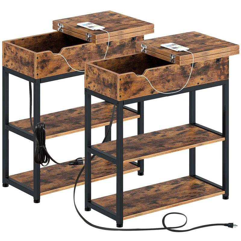 End Table: Rustic Brown End Table with Storage and Built-In Outlets
