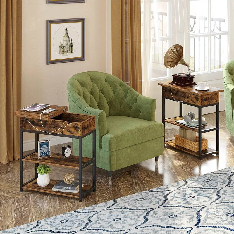 End Table: Rustic Brown End Table with Storage and Built-In Outlets