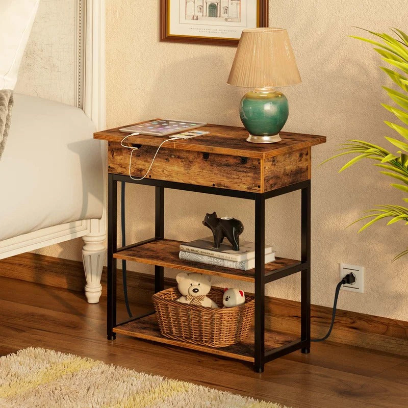 End Table: Rustic Brown End Table with Storage and Built-In Outlets