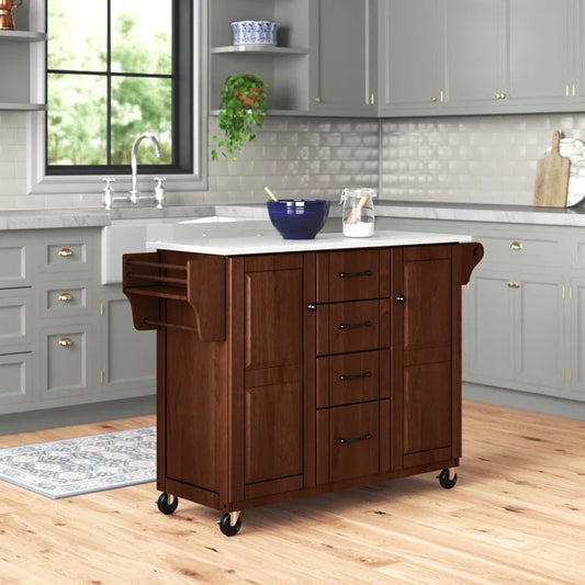 Kitchen Island Table: 51.5'' Wide Mahogany Finish Cart with Granite Top, Drawers, Cabinets & Locking Wheels