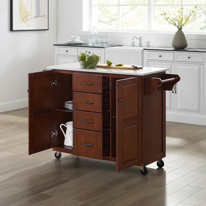 Kitchen Island Table: 51.5'' Wide Mahogany Finish Cart with Granite Top, Drawers, Cabinets & Locking Wheels