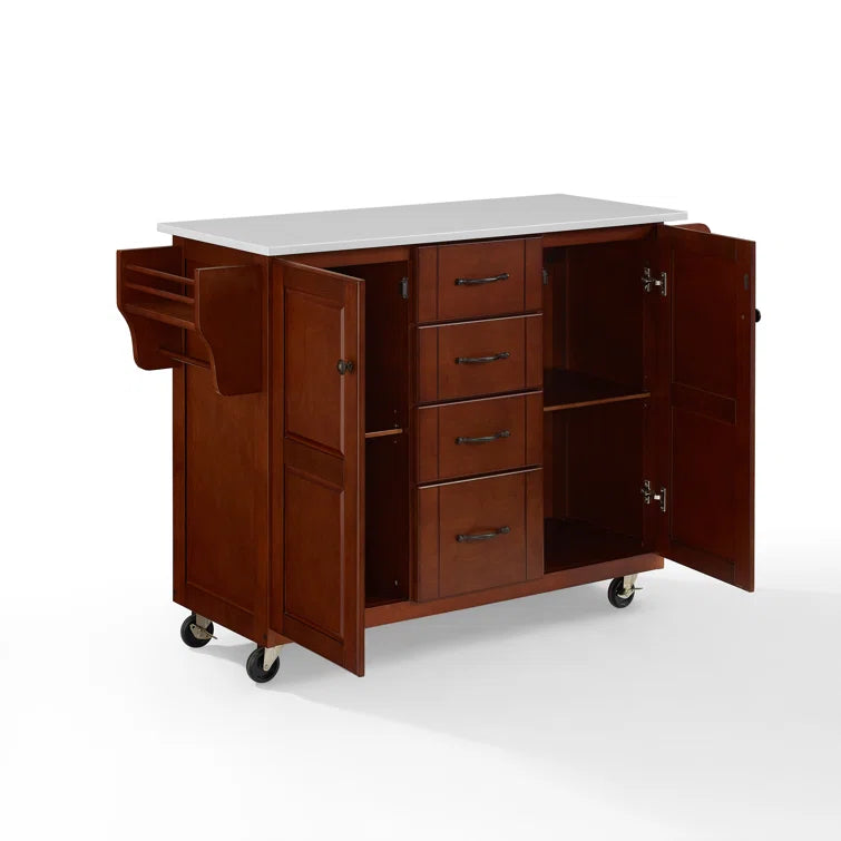 Kitchen Island Table: 51.5'' Wide Mahogany Finish Cart with Granite Top, Drawers, Cabinets & Locking Wheels