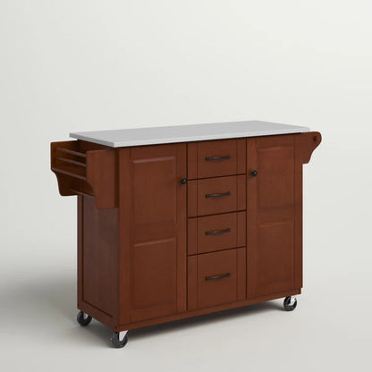 Kitchen Island Table: 51.5'' Wide Mahogany Finish Cart with Granite Top, Drawers, Cabinets & Locking Wheels