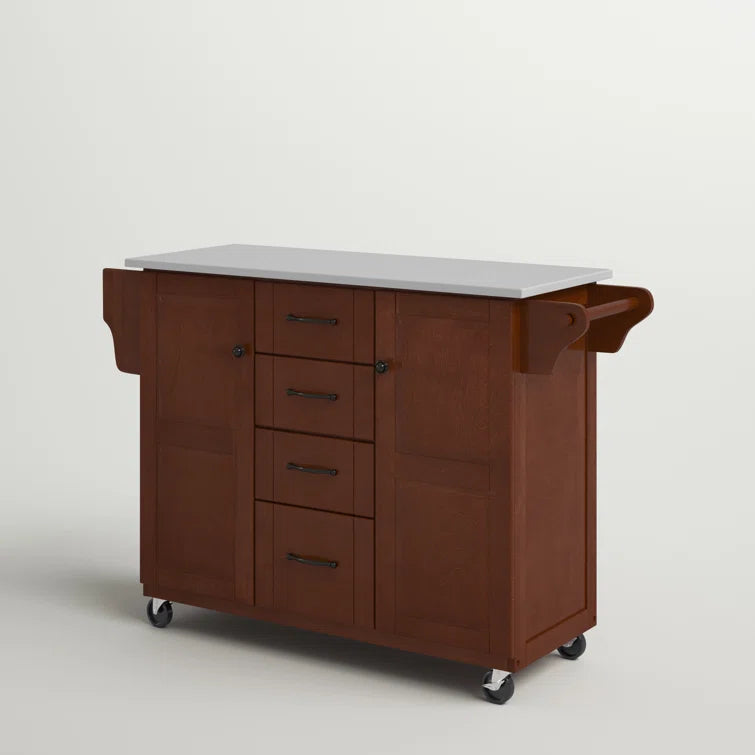 Kitchen Island Table: 51.5'' Wide Mahogany Finish Cart with Granite Top, Drawers, Cabinets & Locking Wheels