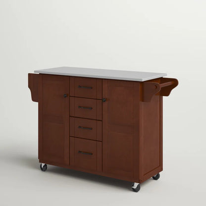 Kitchen Island Table: 51.5'' Wide Mahogany Finish Cart with Granite Top, Drawers, Cabinets & Locking Wheels