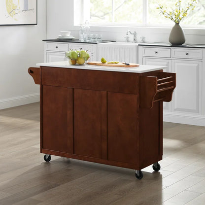 Kitchen Island Table: 51.5'' Wide Mahogany Finish Cart with Granite Top, Drawers, Cabinets & Locking Wheels