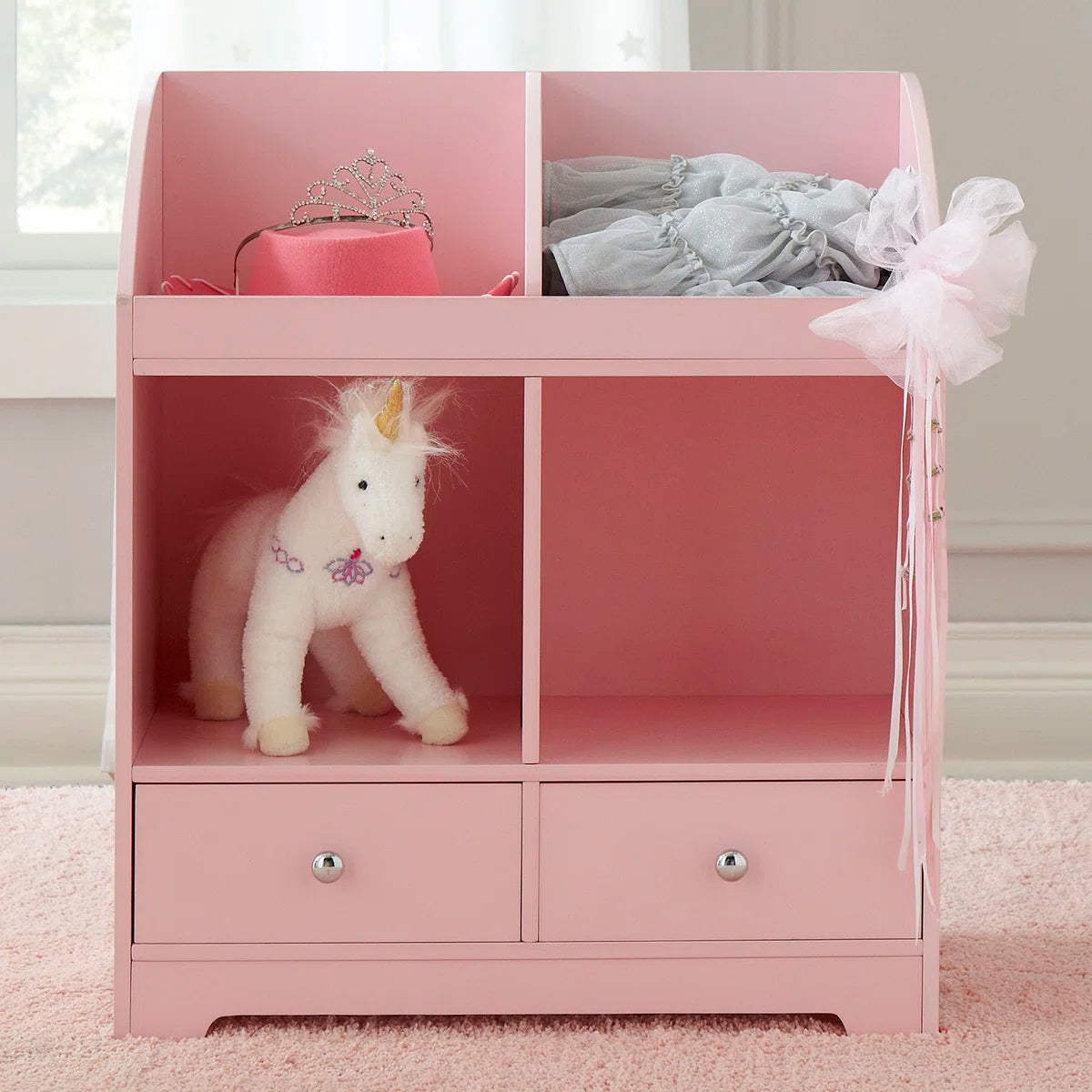 Kids Toy Storage Unit: 3-Tier Wooden Mixed Storage Cubby with Drawers – Pink