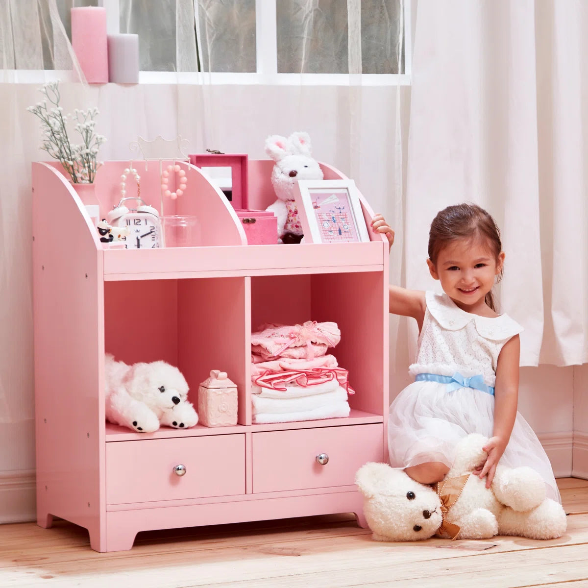 Kids Toy Storage Unit: 3-Tier Wooden Mixed Storage Cubby with Drawers – Pink
